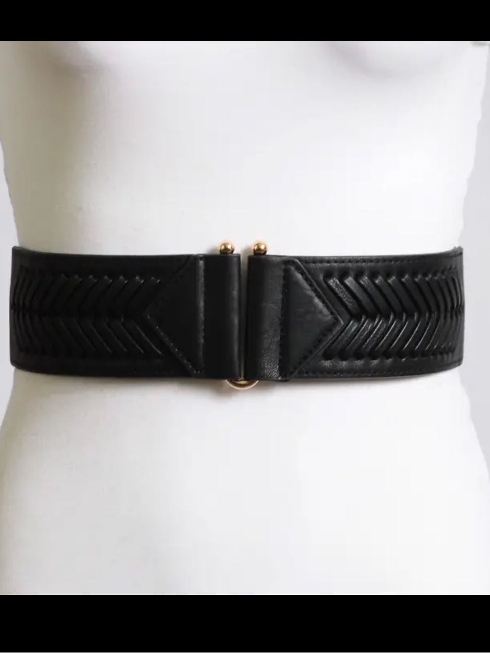 350. Wide Black Fishtail Braided Elastic Waist Belt with Gold Hardware